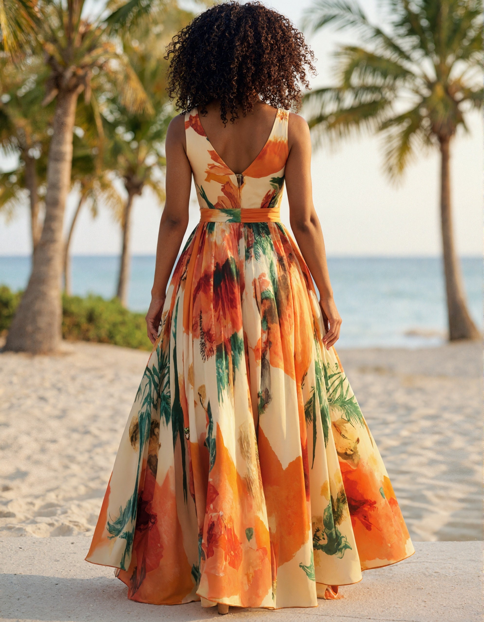 Orange Tropical Plant Print V-neck Chiffon Maxi Dress