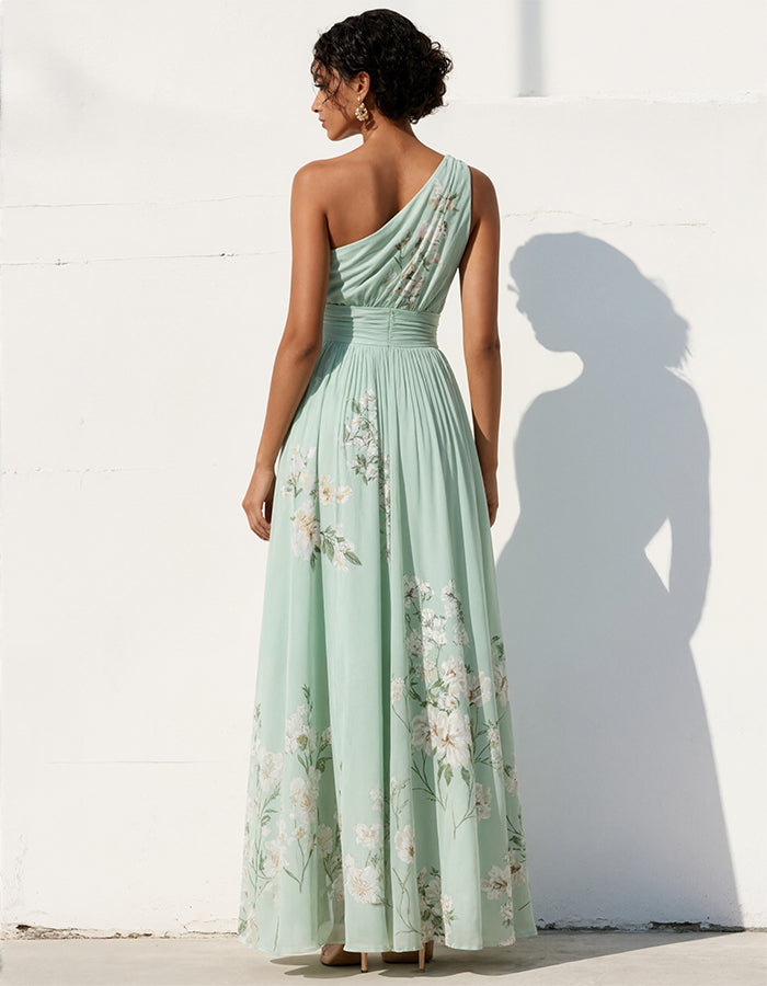 Maxikleid aus plissiertem Chiffon in Minzgrün mit schulterfreiem Schnitt, Gardenien-Print und tailliertem Schnitt