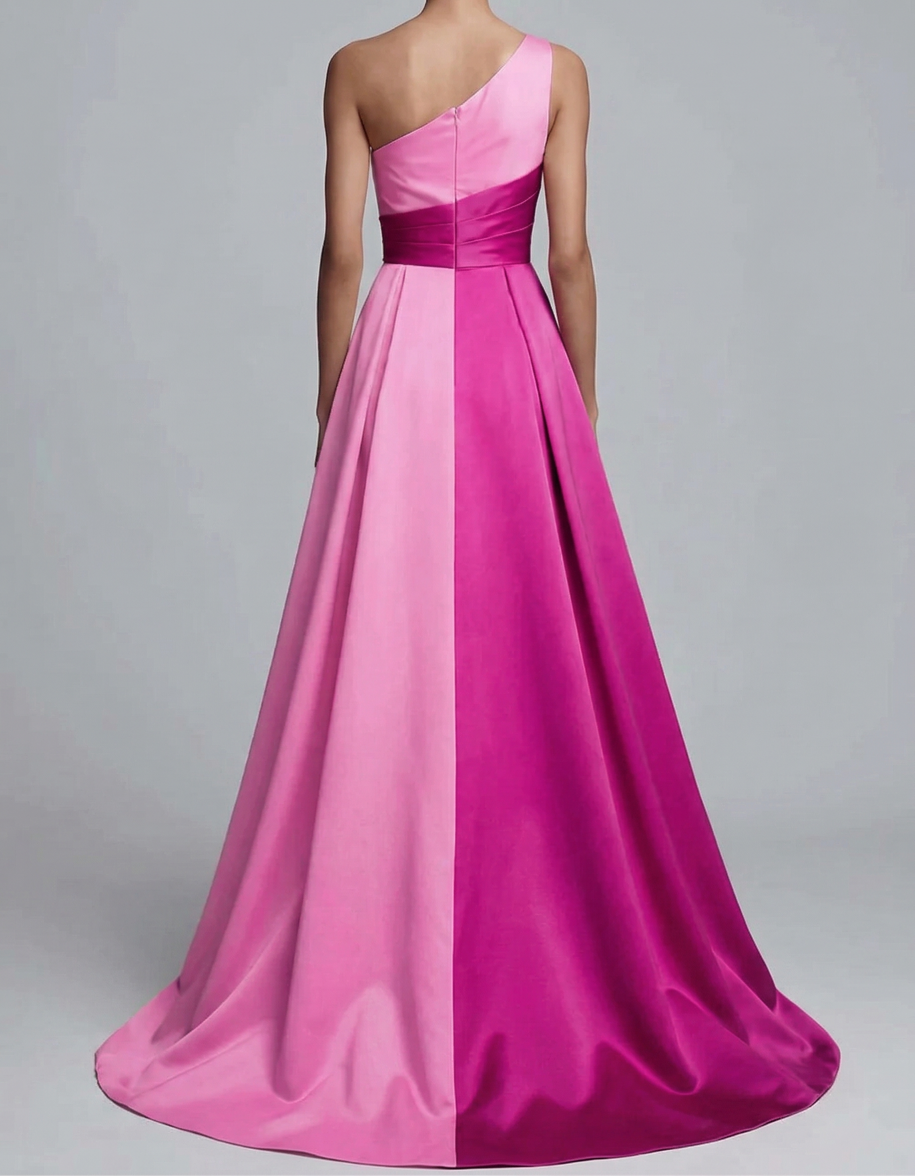 Satin Color-Blocked One-Shoulder Fitted Waist Maxi Dress