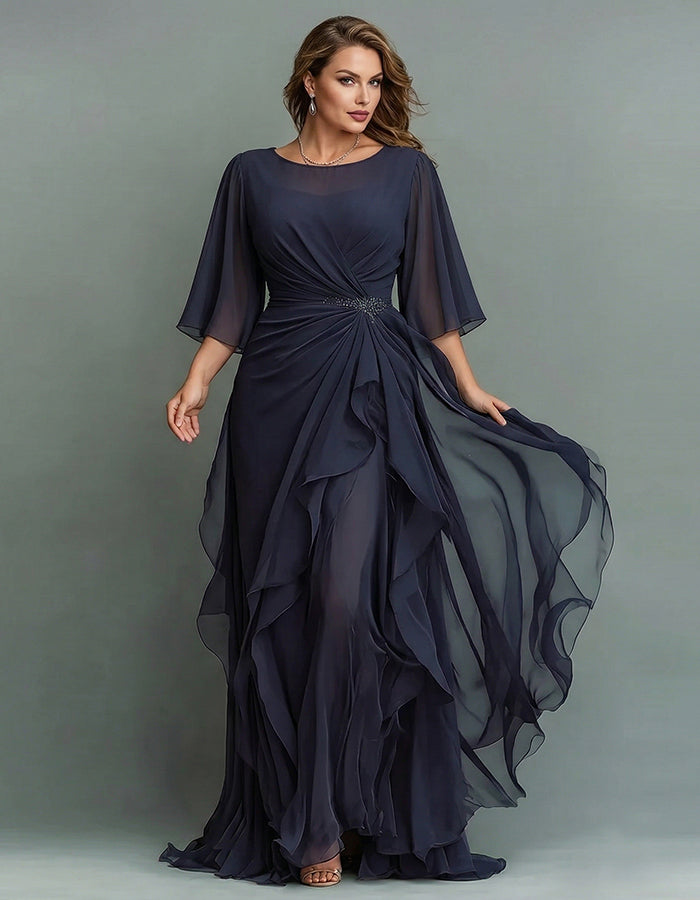 Abito lungo in chiffon blu navy con scollo rotondo, applicazioni e volant attorcigliati