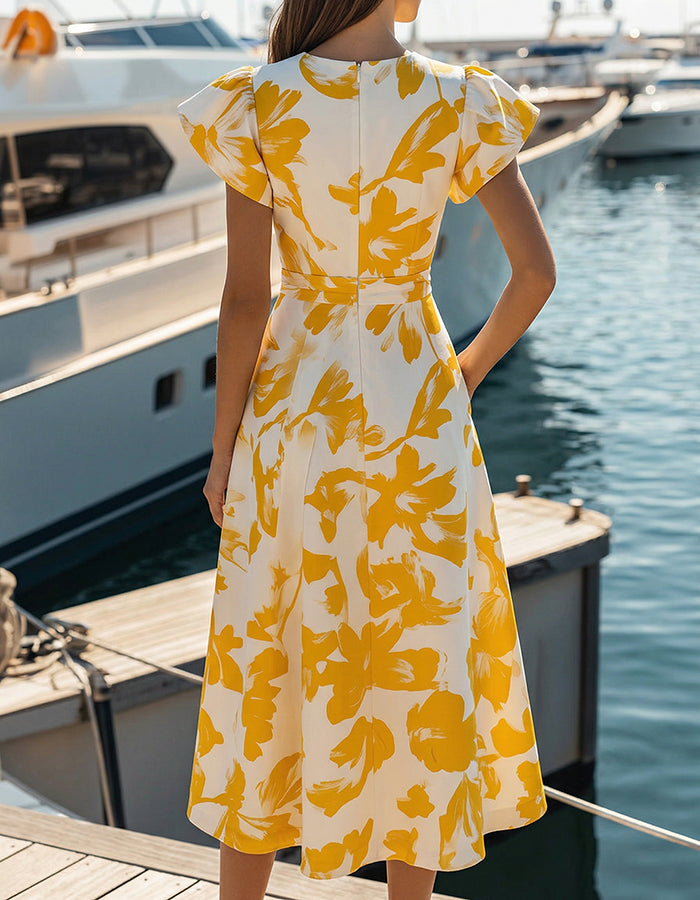 Cream & Yellow  Floral Print Flutter Sleeve Midi Dress