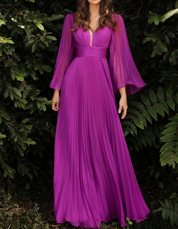Vestido Maxi de Chiffon Azul Plissado com Mangas Sino  