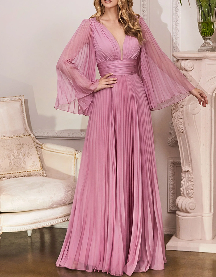 Vestido Maxi de Chiffon Azul Plissado com Mangas Sino  
