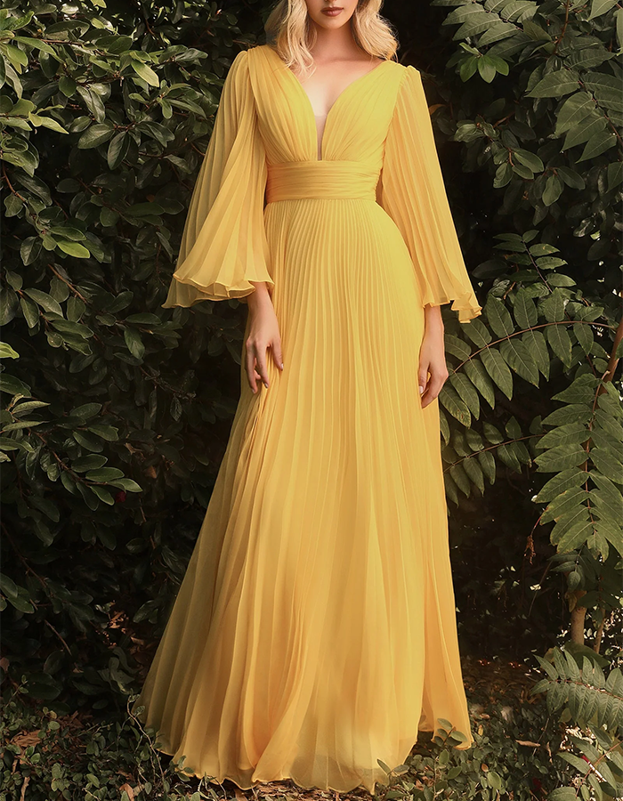 Vestido Maxi de Chiffon Azul Plissado com Mangas Sino  