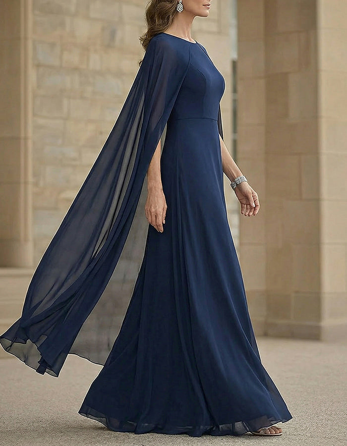 Navy Blue Cape-Sleeve Round Neckline Chiffon Maxi Dress