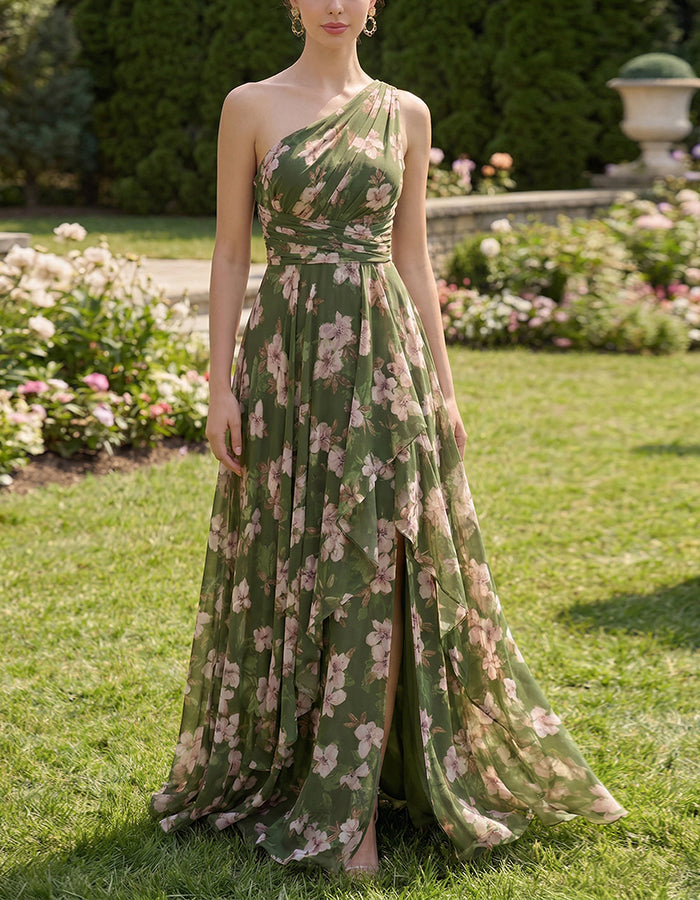 Olive Green Off Shoulder Rose Print Chiffon With Slits Maxi Dress