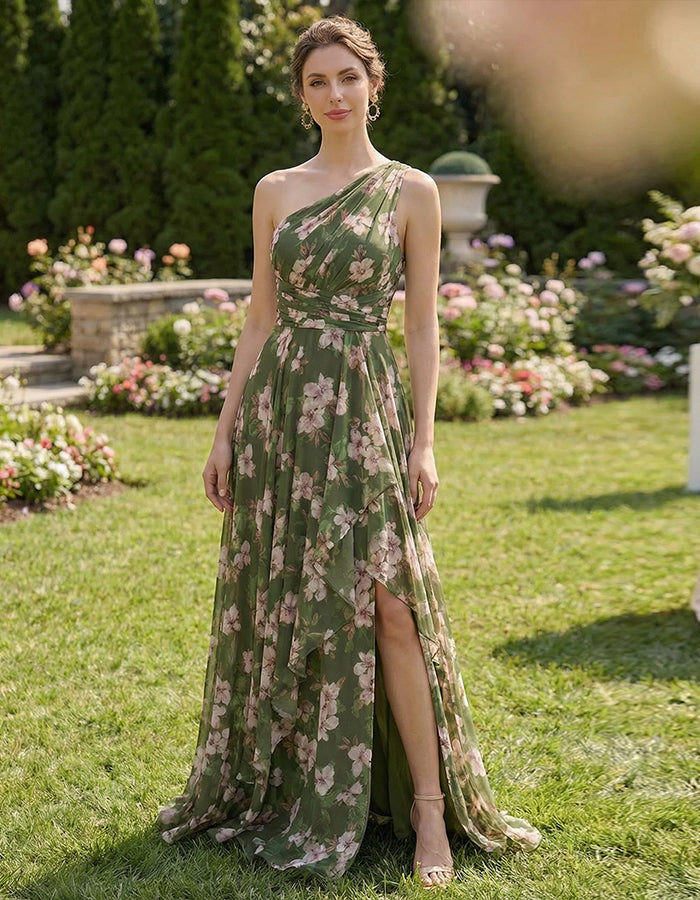 Robe longue en mousseline vert olive à épaules dénudées, imprimé rose et fentes