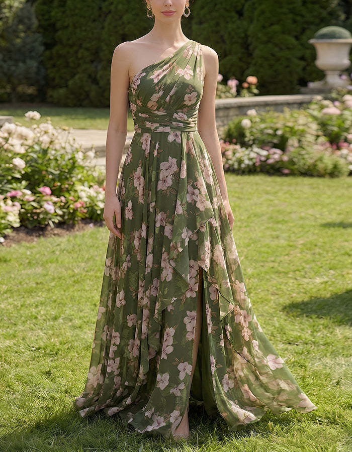 Robe longue en mousseline vert olive à épaules dénudées, imprimé rose et fentes