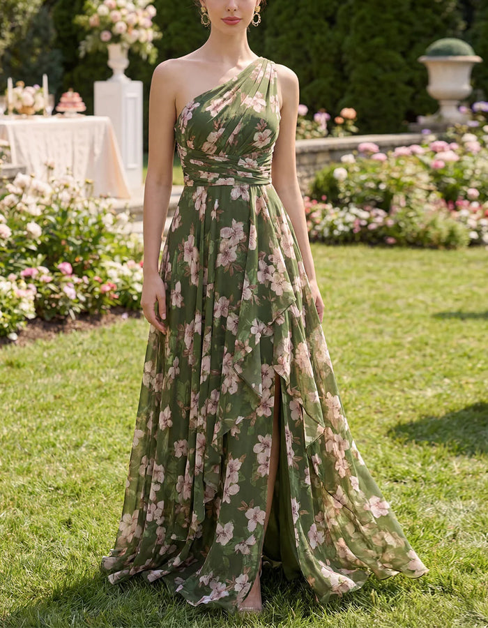 Robe longue en mousseline vert olive à épaules dénudées, imprimé rose et fentes