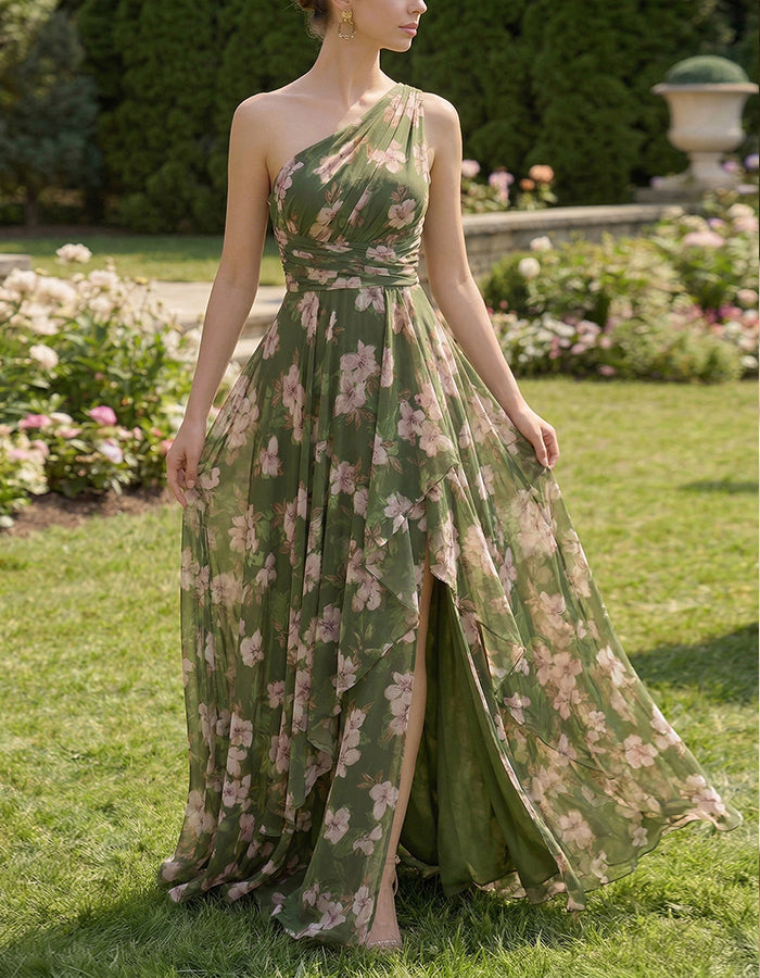 Robe longue en mousseline vert olive à épaules dénudées, imprimé rose et fentes