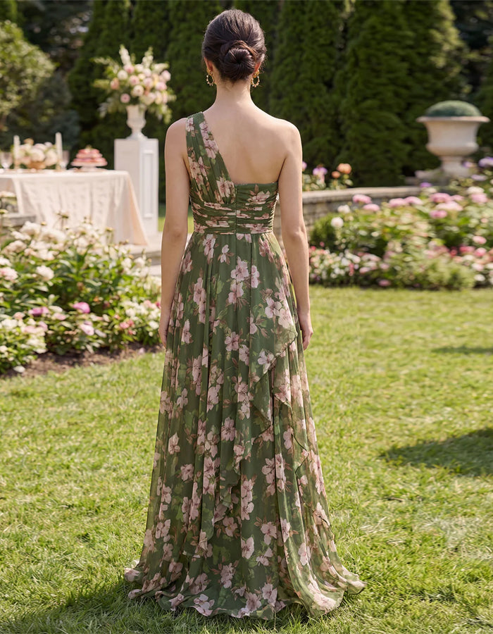 Robe longue en mousseline vert olive à épaules dénudées, imprimé rose et fentes