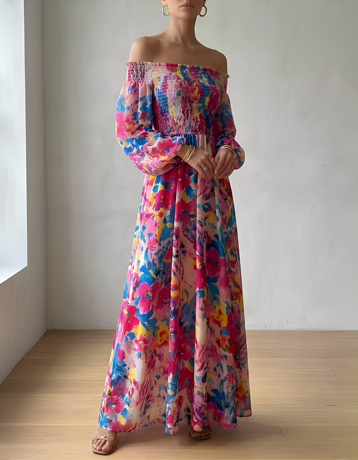 Roze chiffon off-shoulder maxi-jurk met geplooide taille en pofmouwen