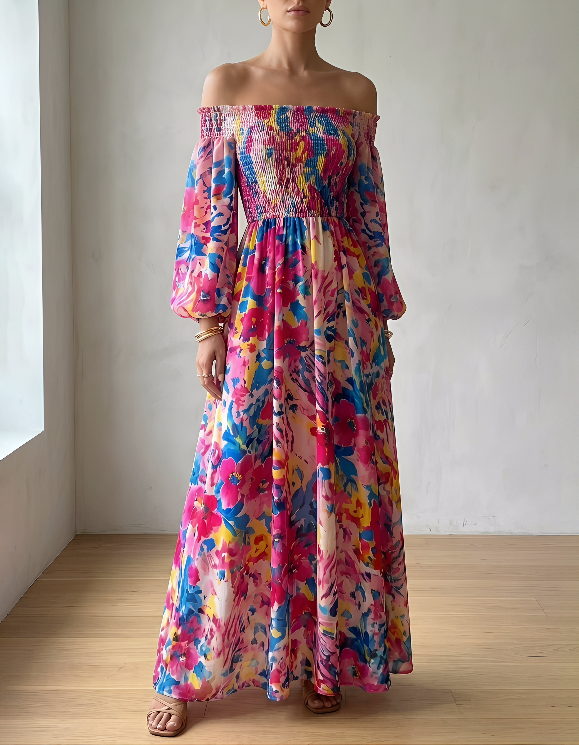 Vestido maxi de chiffon rosa con hombros descubiertos, cuerpo fruncido y mangas abullonadas