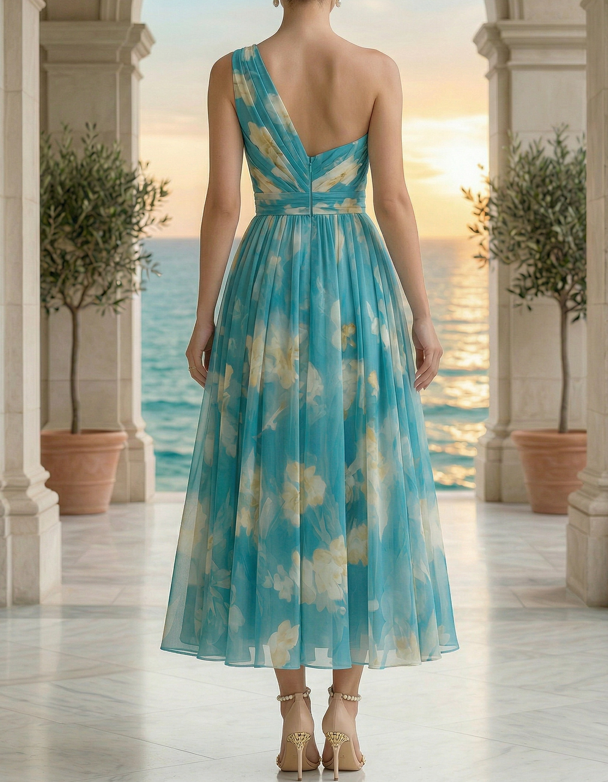 Blue Printed Chiffon One-Shoulder Midi Dress with Cinched Waist