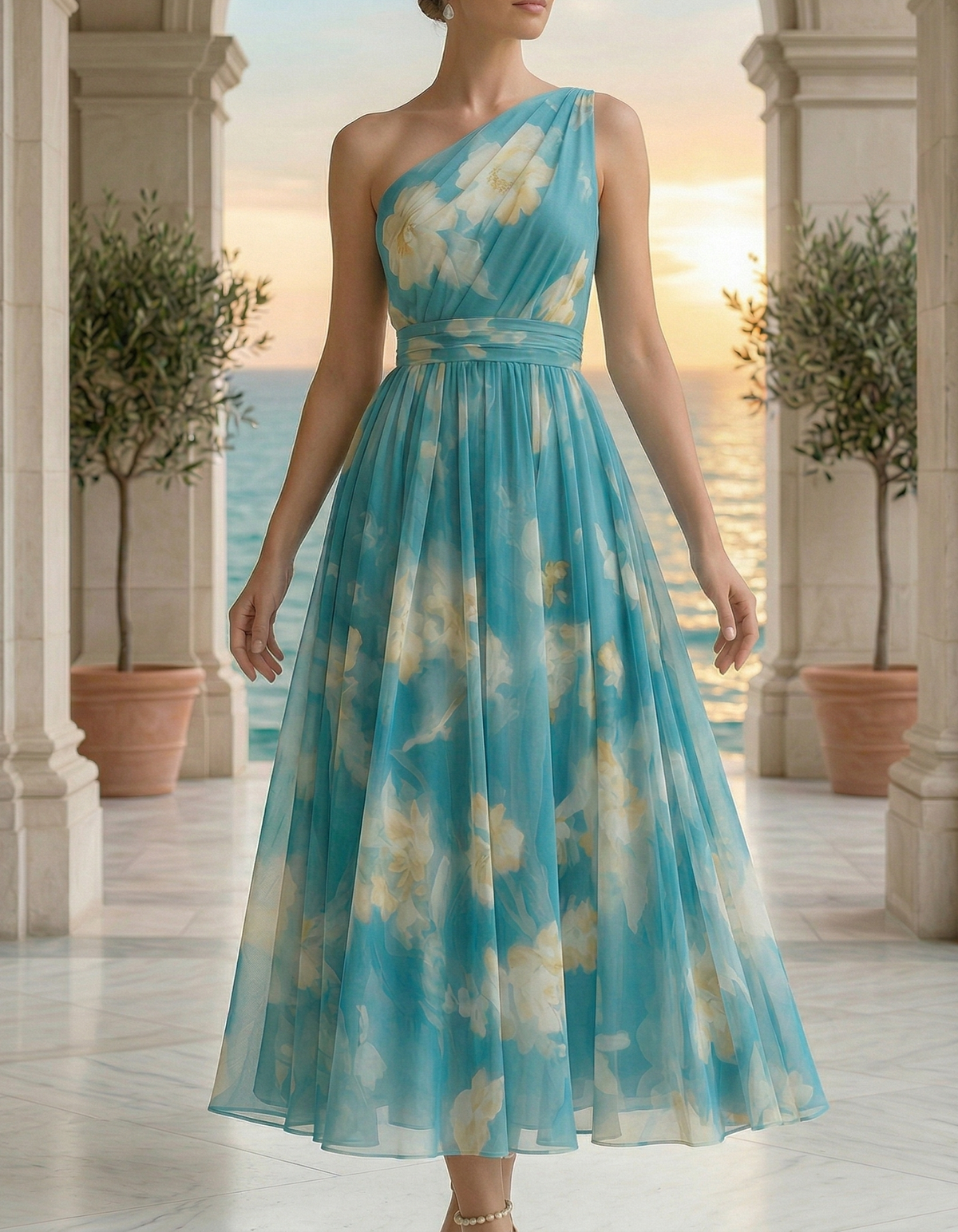 Vestido midi de chiffon azul con estampado, un solo hombro y cintura ceñida