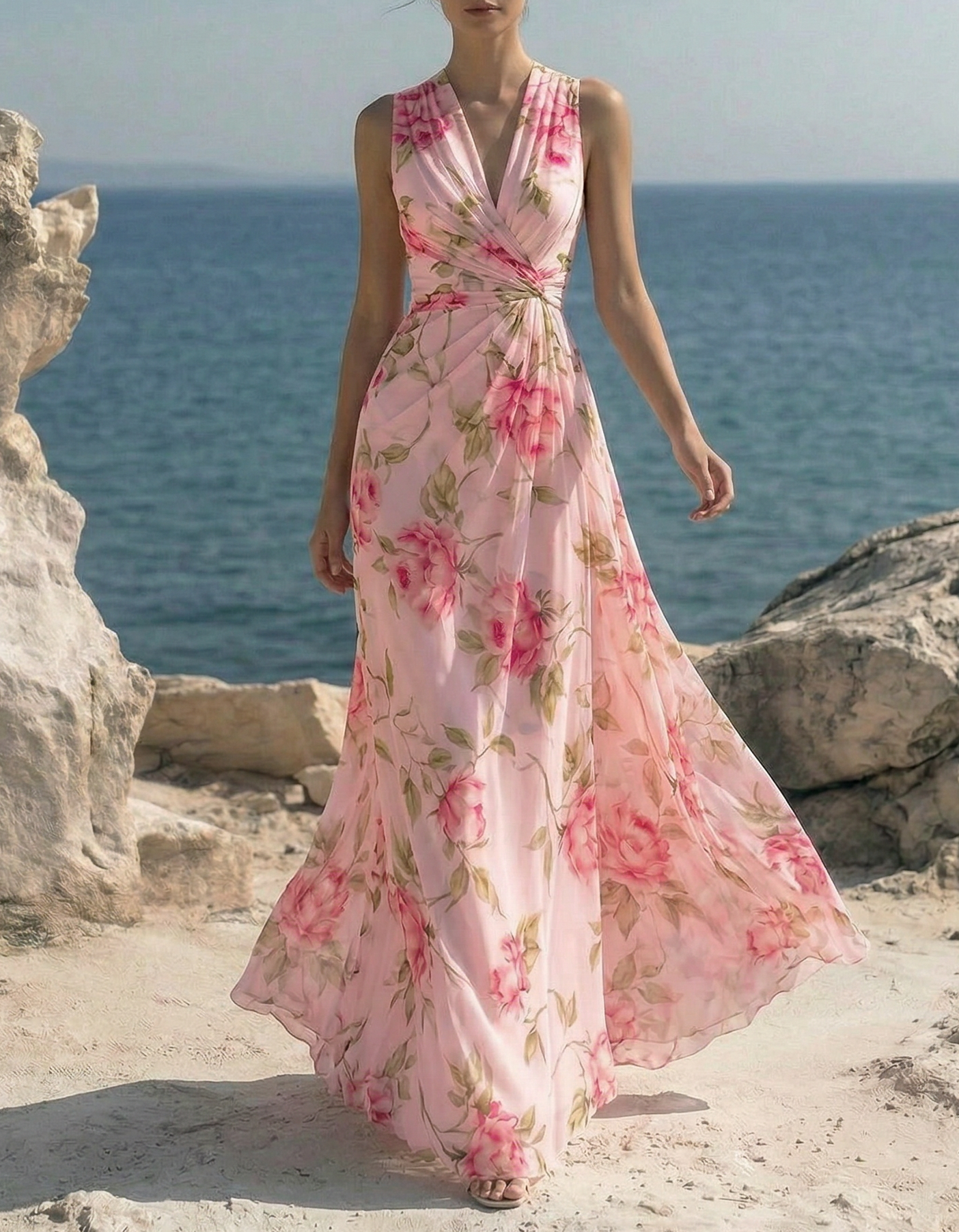 Vestido maxi de chiffon rosa con estampado, escote en V y cintura imperio