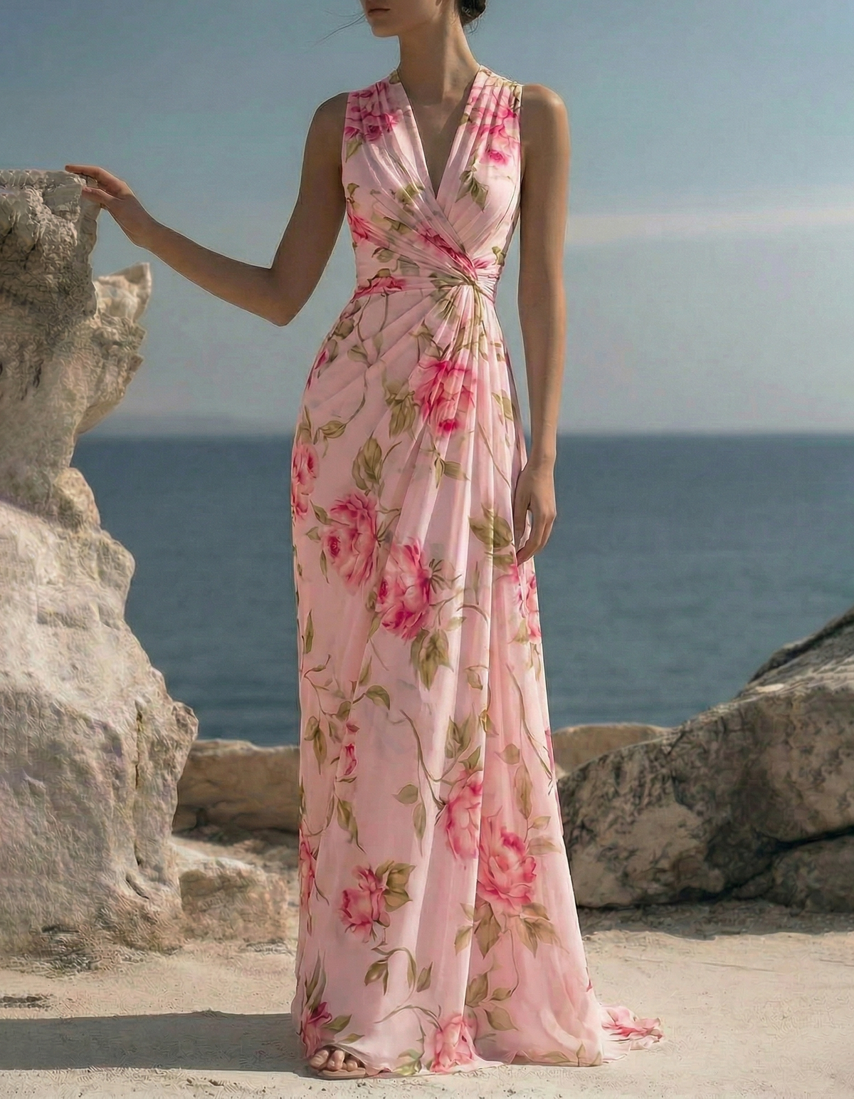 Maxikleid aus rosa Chiffon mit Print, V-Ausschnitt und Empire-Taille