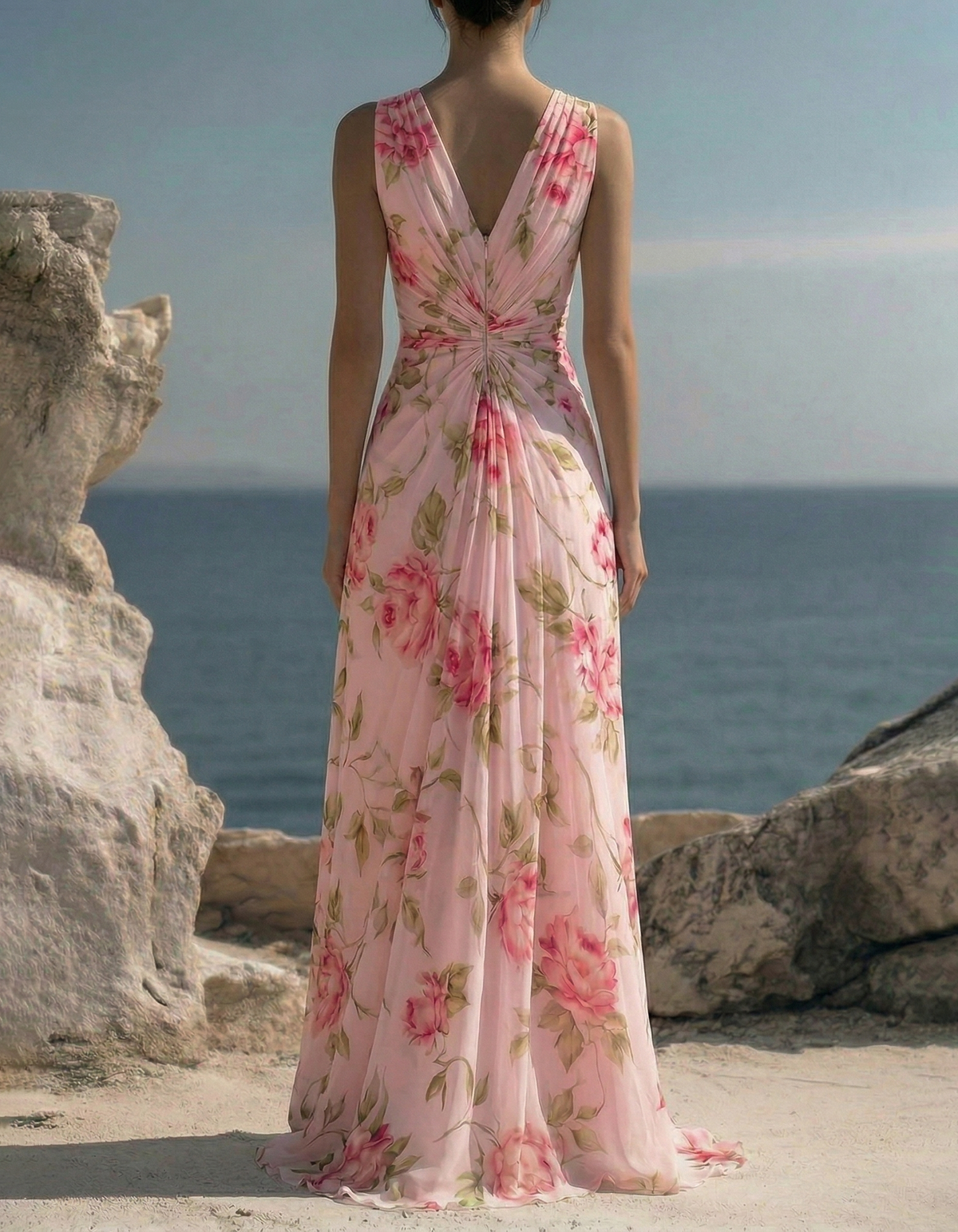Maxikleid aus rosa Chiffon mit Print, V-Ausschnitt und Empire-Taille
