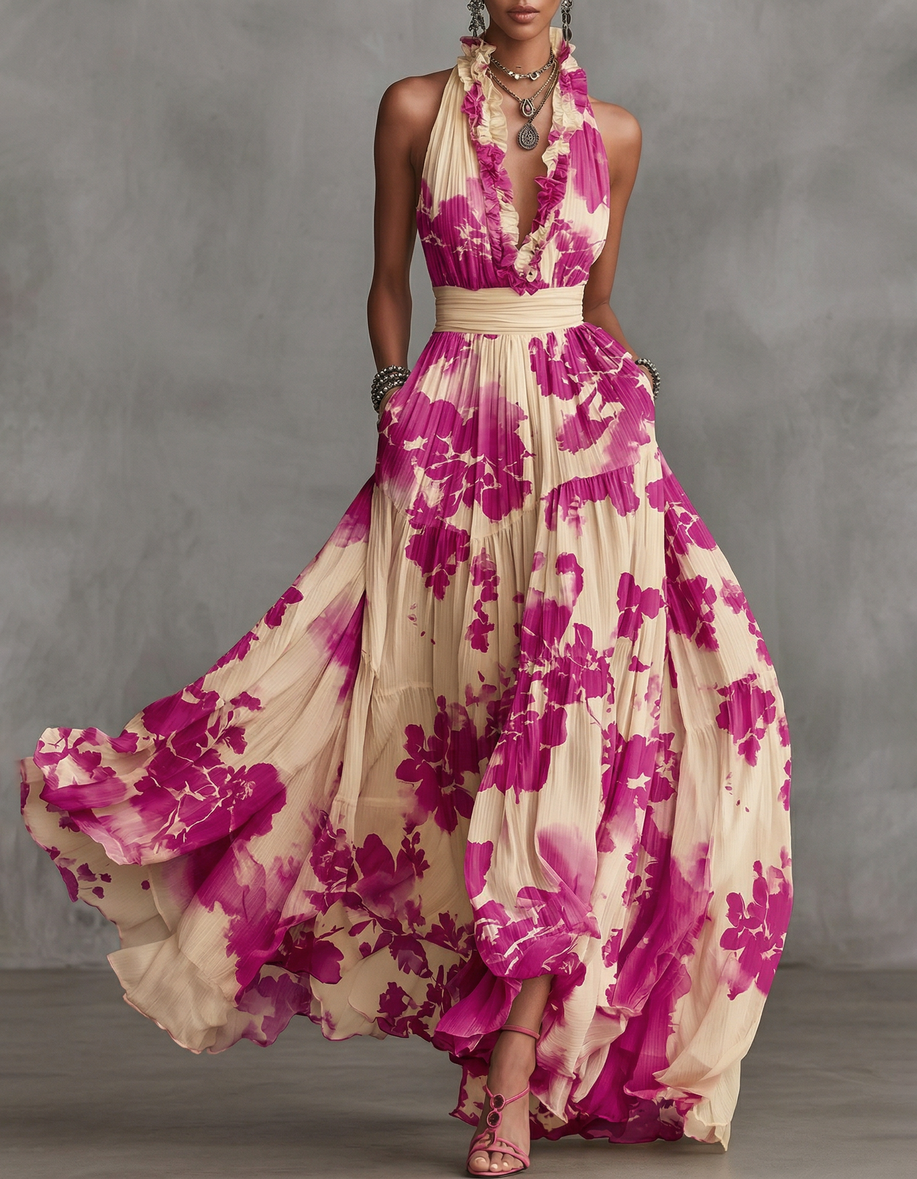 Vestido maxi de chiffon rosa con estampado, cuello halter y cintura ceñida