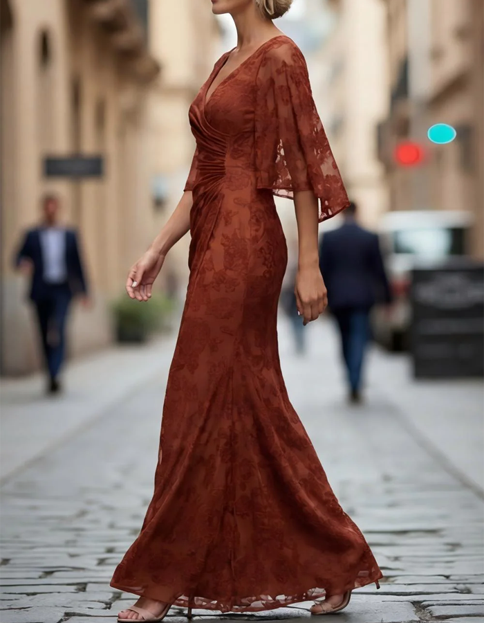 Vestido Maxi de Renda com Decote em V, Cintura com Folhos