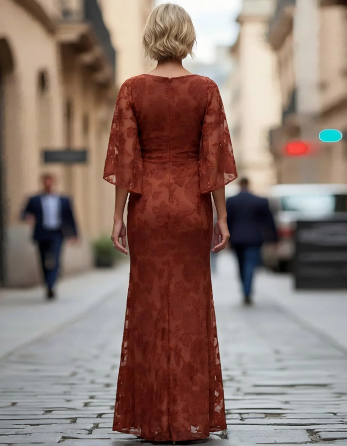 Vestido Maxi de Renda com Decote em V, Cintura com Folhos