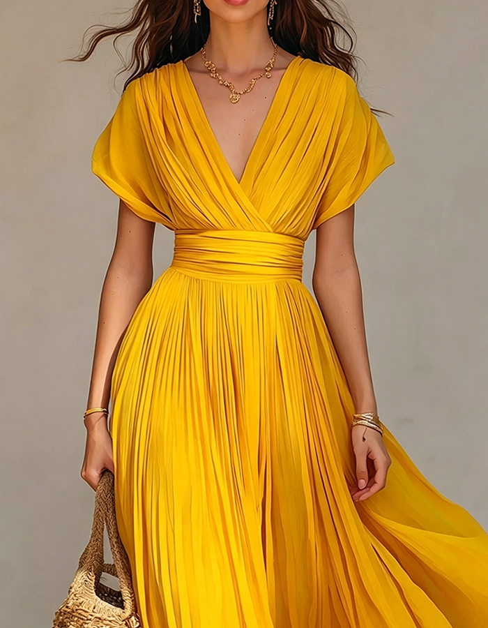 Yellow Pleated Chiffon Dolman Sleeves Maxi Dress