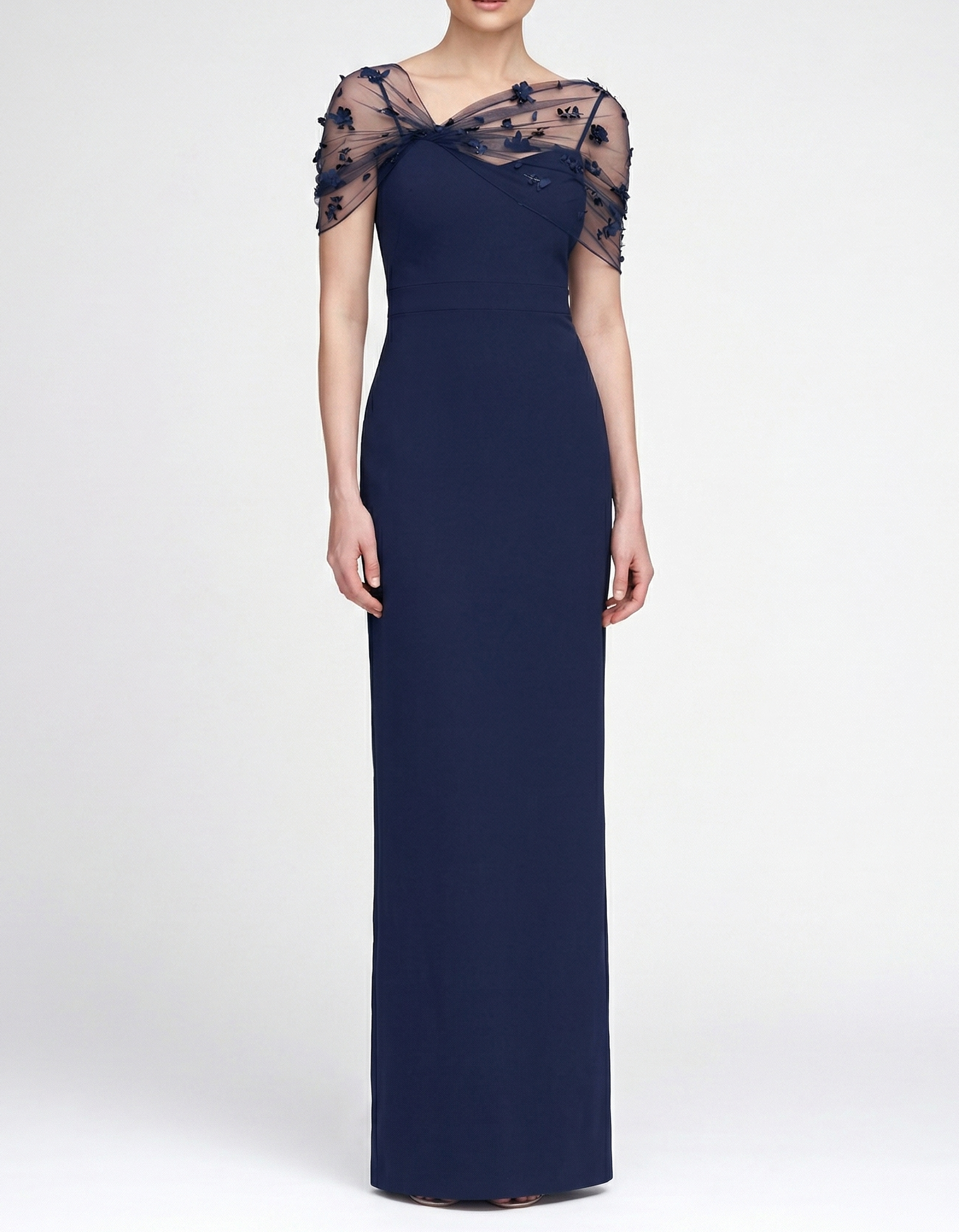 Vestido maxi de chiffon e malha com estampa floral e cintura império