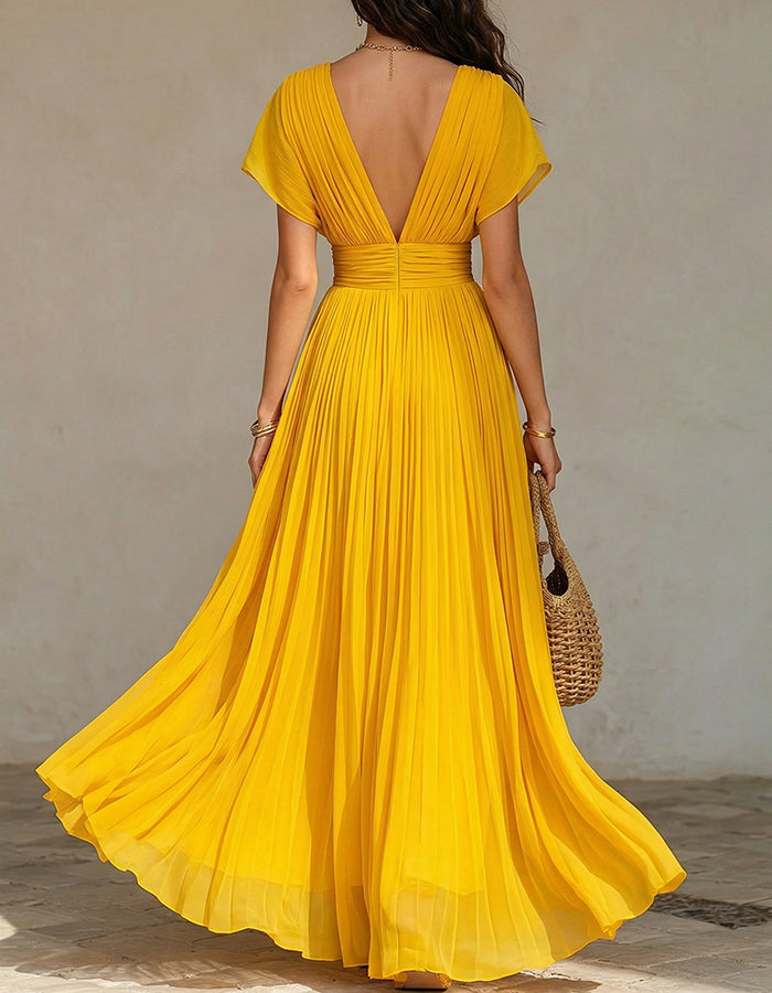 Vestido maxi de gasa amarillo plisado con mangas dolman