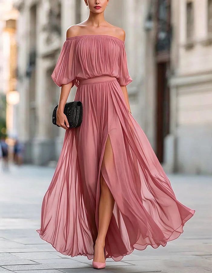 Vestido maxi negro de gasa con hombros descubiertos y abertura  