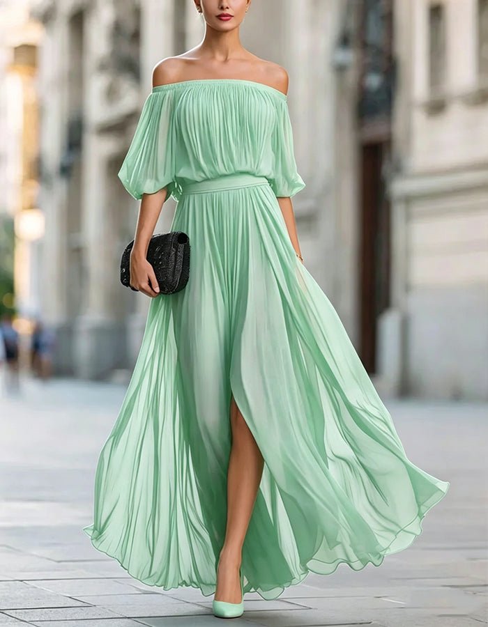 Vestido maxi negro de gasa con hombros descubiertos y abertura  