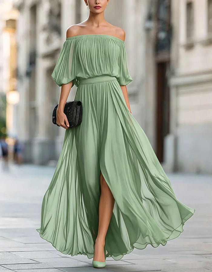 Vestido maxi negro de gasa con hombros descubiertos y abertura  