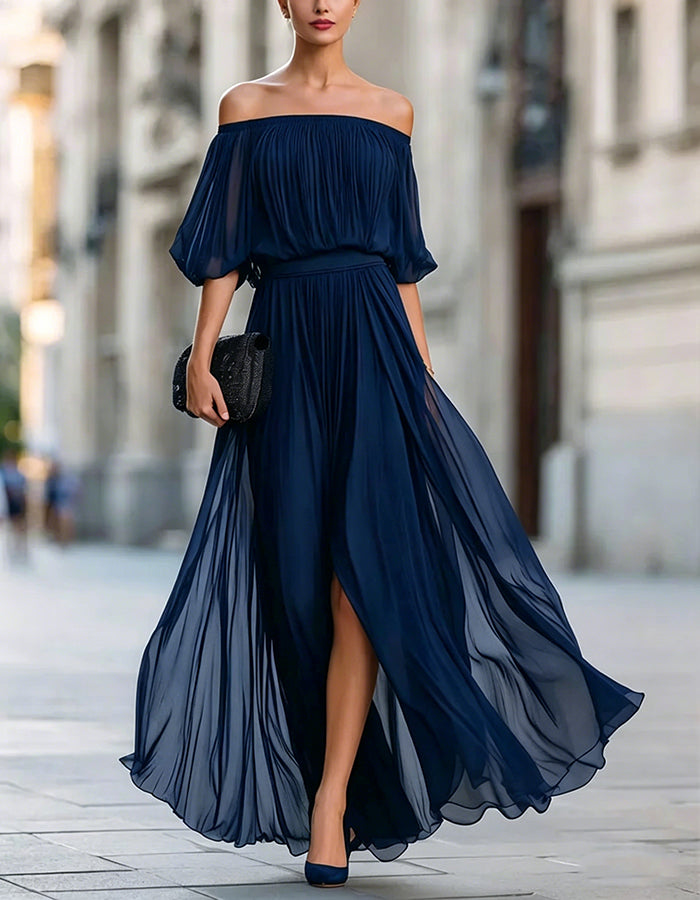 Vestido maxi negro de gasa con hombros descubiertos y abertura  