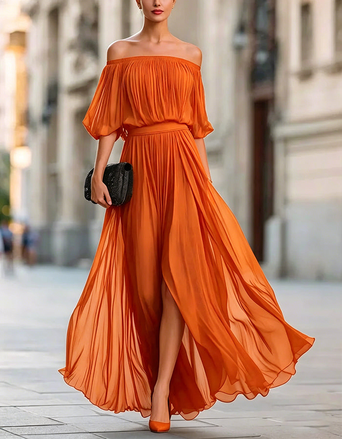 Vestido maxi negro de gasa con hombros descubiertos y abertura  