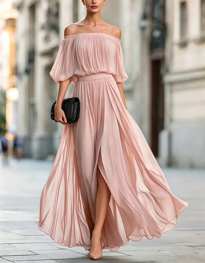 Vestido maxi negro de gasa con hombros descubiertos y abertura  