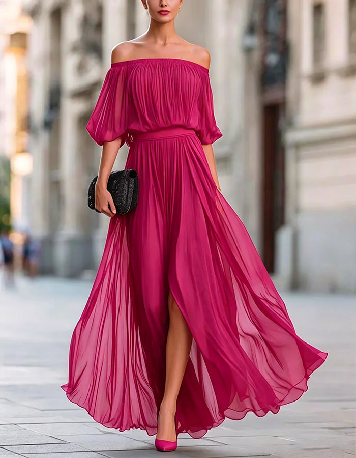 Vestido maxi negro de gasa con hombros descubiertos y abertura  