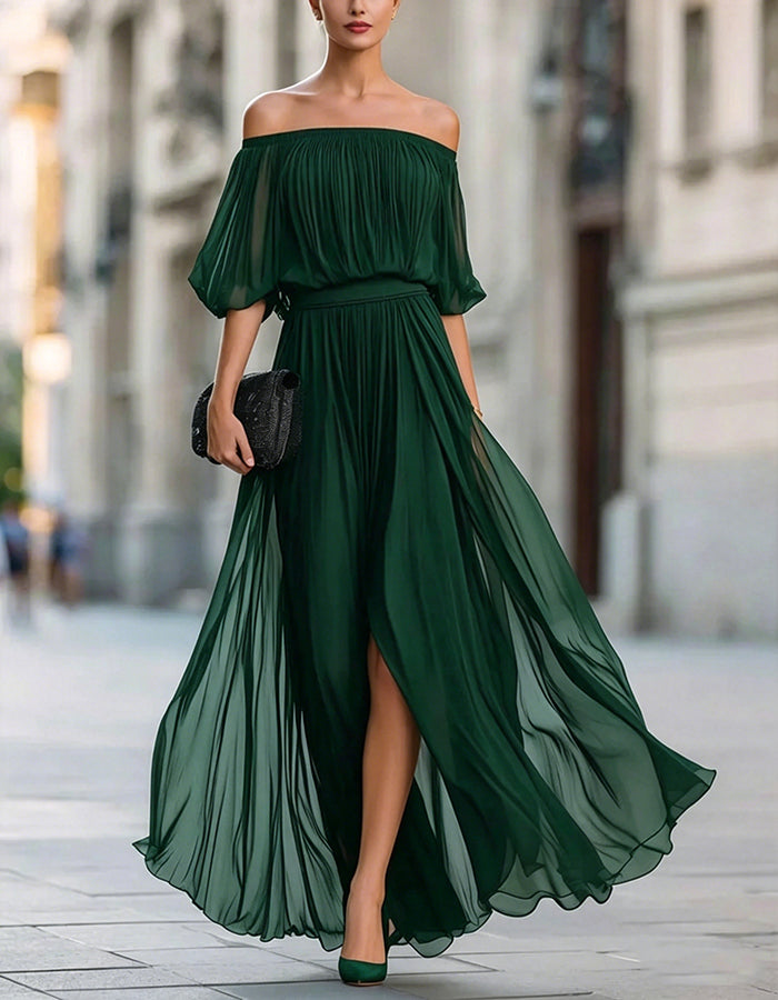 Vestido maxi negro de gasa con hombros descubiertos y abertura  