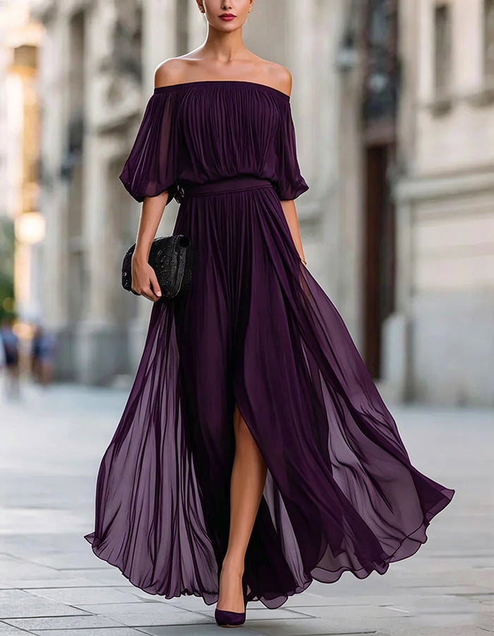 Vestido maxi negro de gasa con hombros descubiertos y abertura  