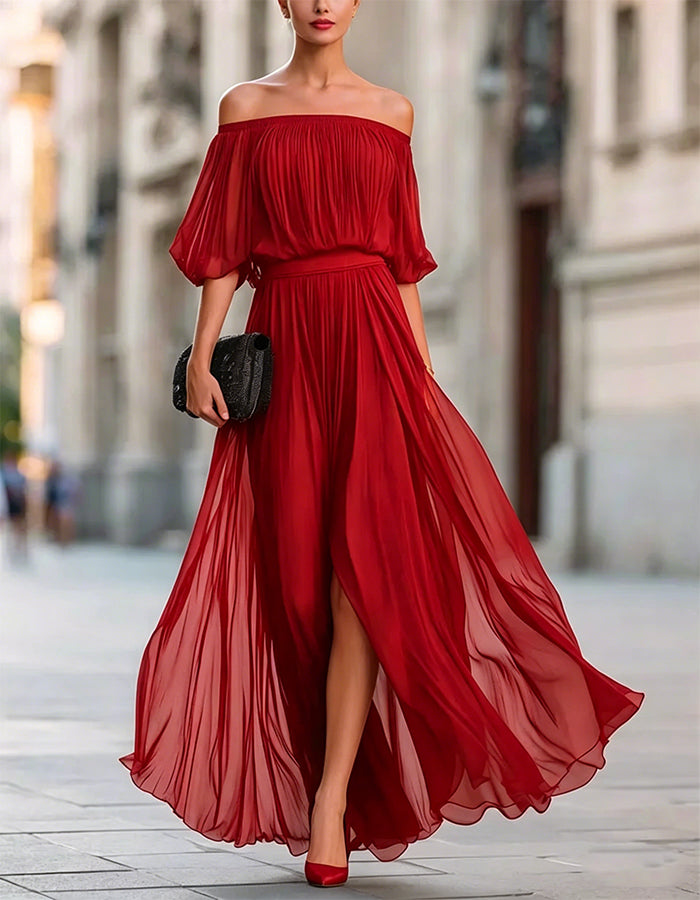 Vestido maxi negro de gasa con hombros descubiertos y abertura  