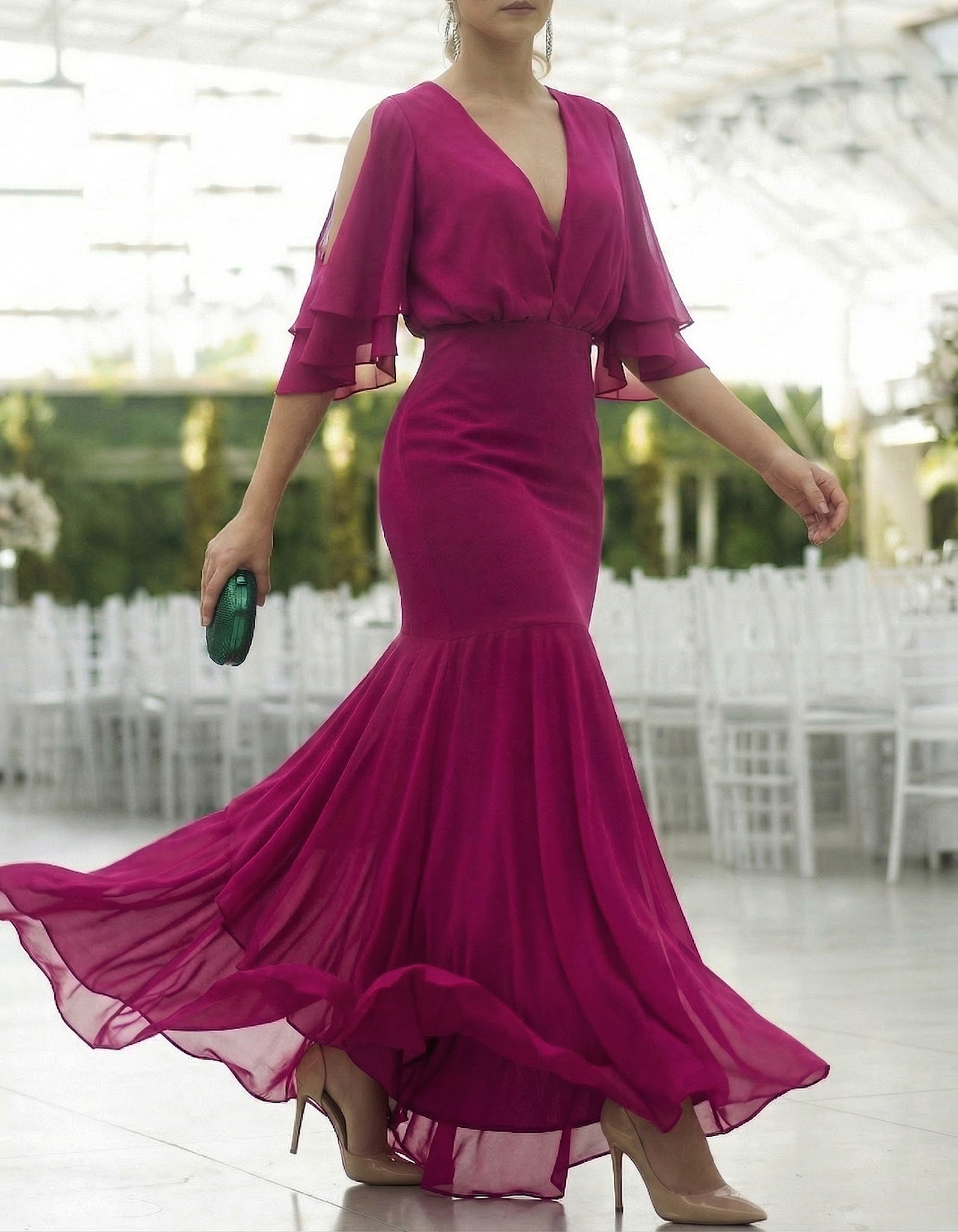 Rose-Pink Chiffon V-Neck Empire-Waist Fishtail Maxi Dress