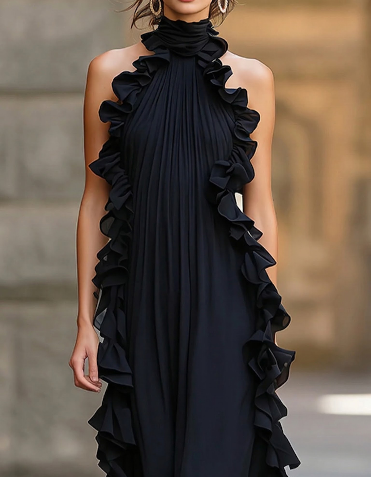 Black Chiffon Ruffled Halter-Neck Straight-Cut Maxi Dress