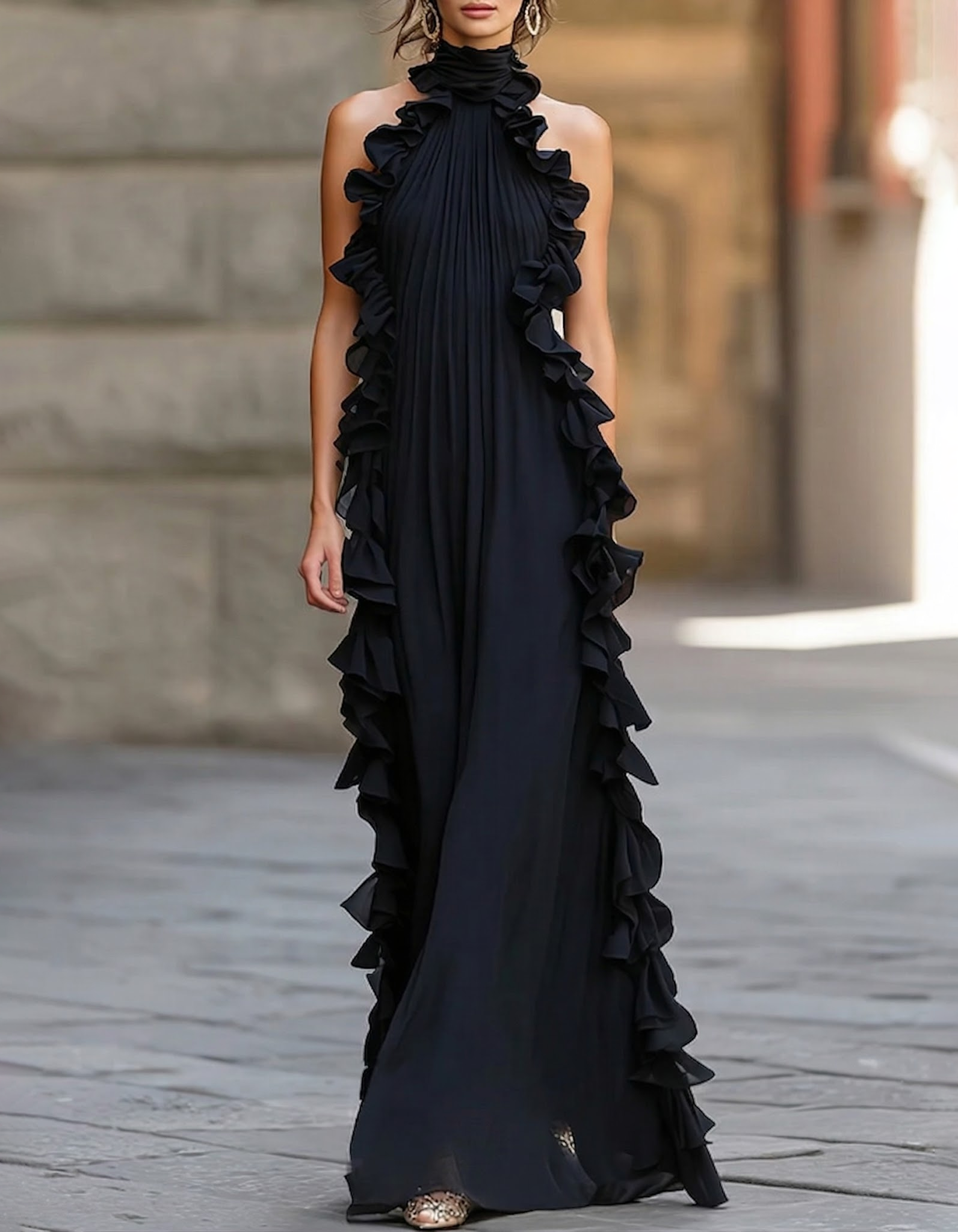 Black Chiffon Ruffled Halter-Neck Straight-Cut Maxi Dress