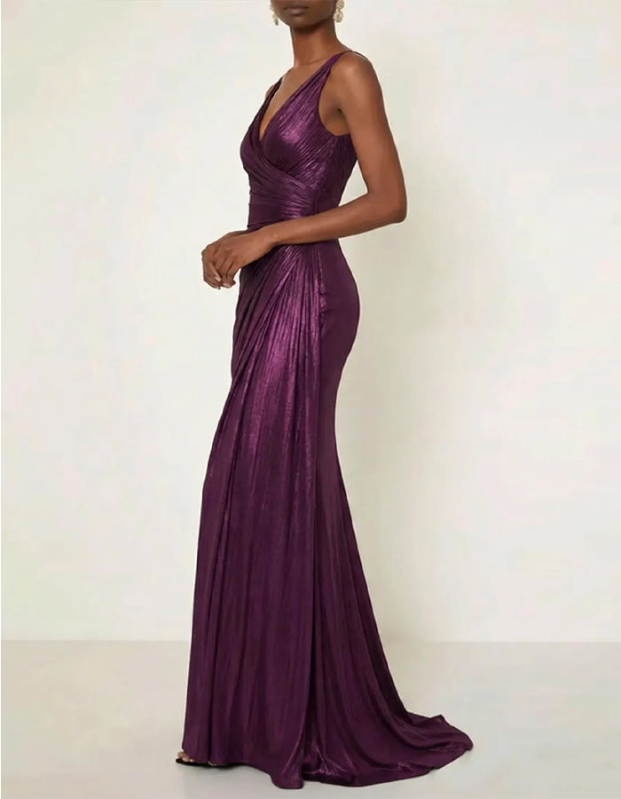 Vestido maxi de cetim brilhante plissado em cor sólida, com decote em V e cauda de peixe