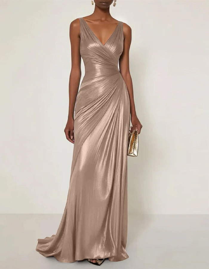 Effen kleur V-hals geplooide glanzende satijnen fishtail maxi-jurk
