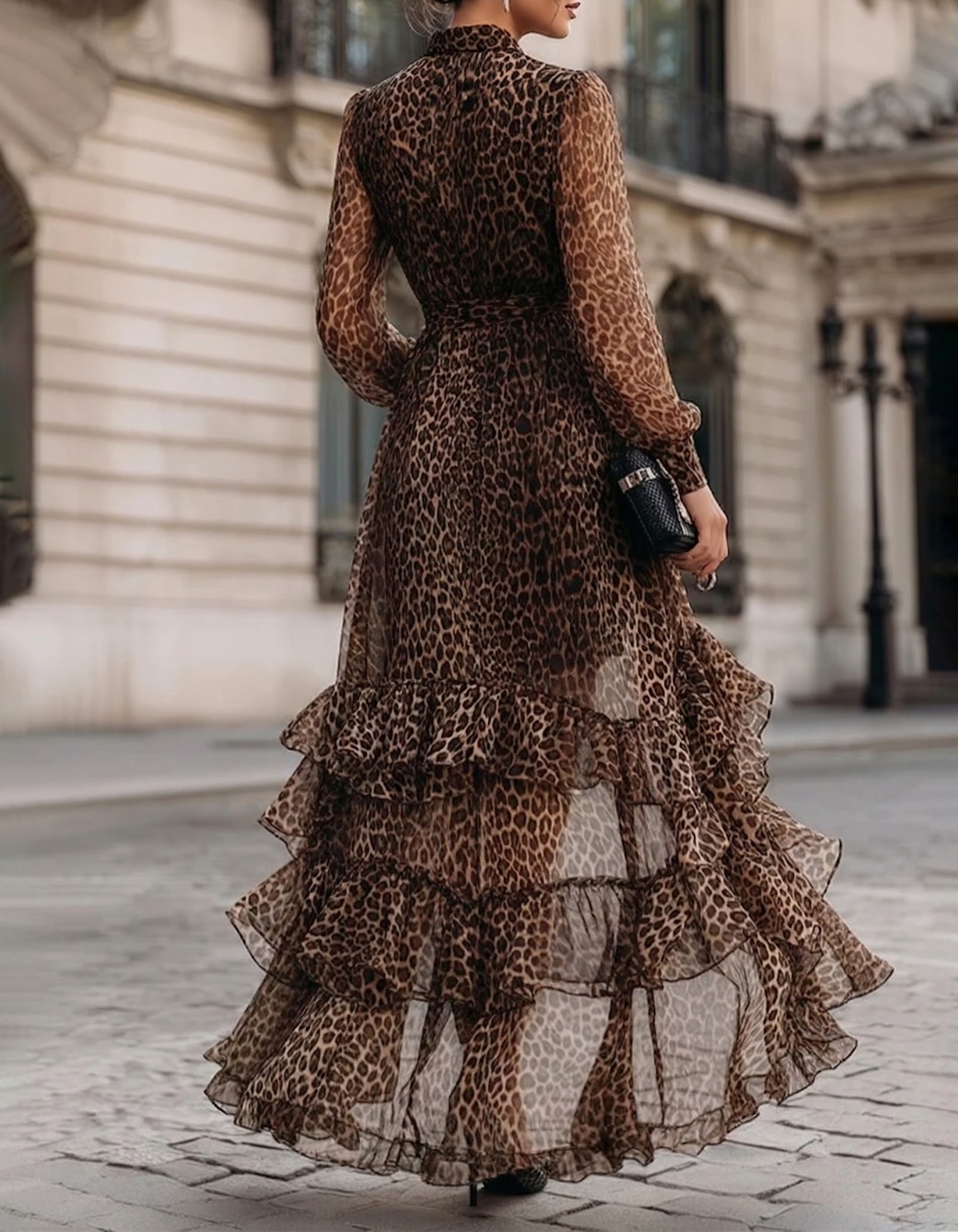 Robe longue en mousseline imprimé léopard marron avec taille cintrée