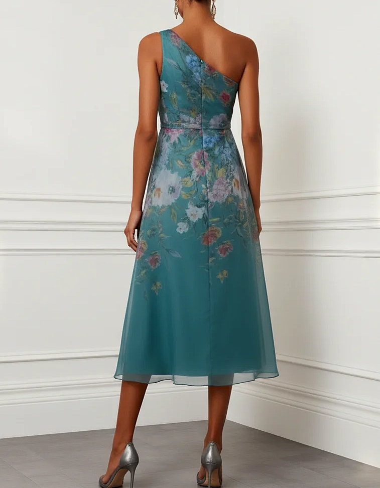 Vestido midi de gasa azul lago con estampado y un solo hombro