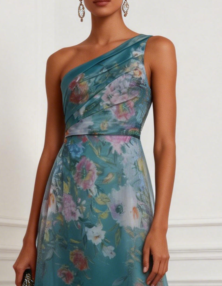 Vestido midi de gasa azul lago con estampado y un solo hombro