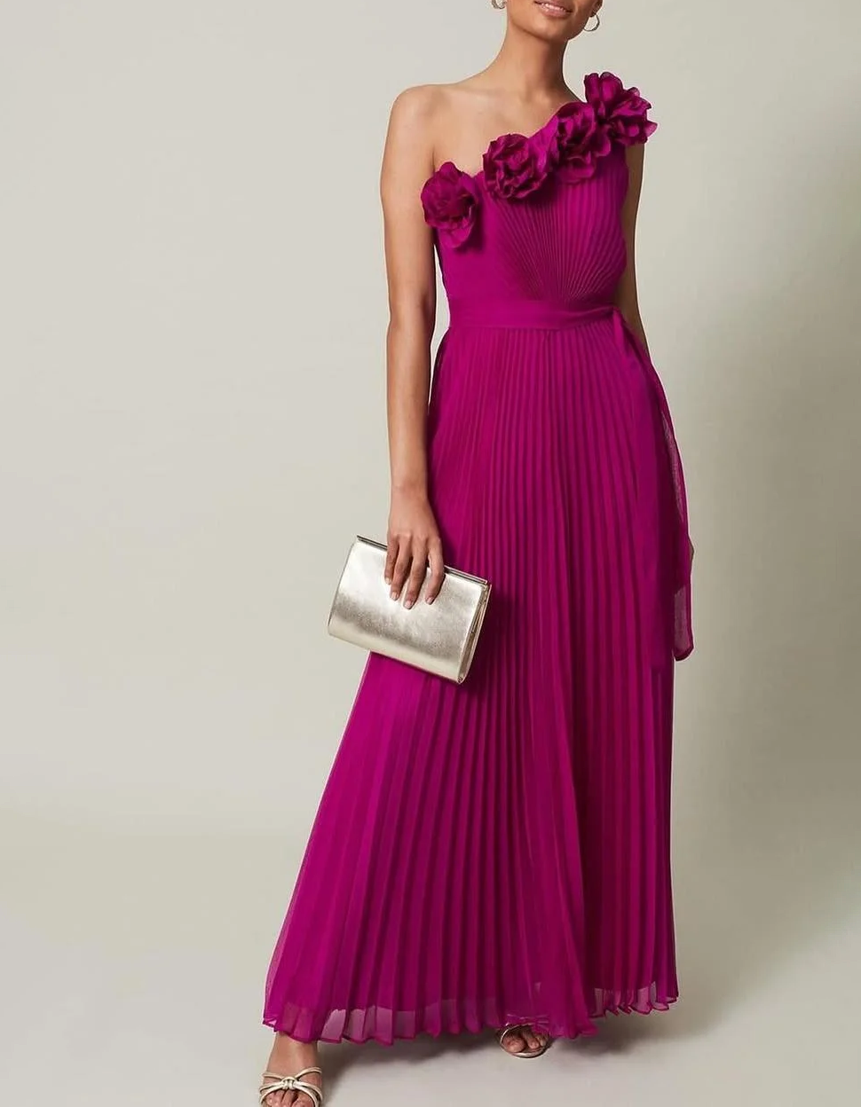 Rose-Pink Chiffon Floral One-Shoulder Pleated Maxi Dress