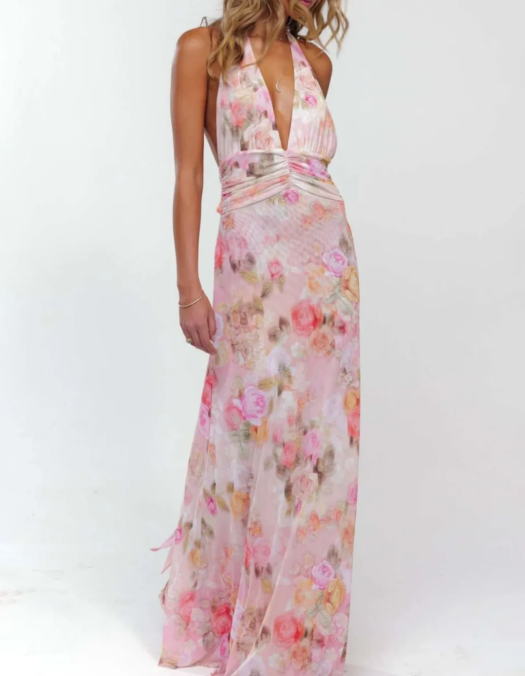 Vestido halter extra largo de gasa rosa claro con estampado y tirantes para atar