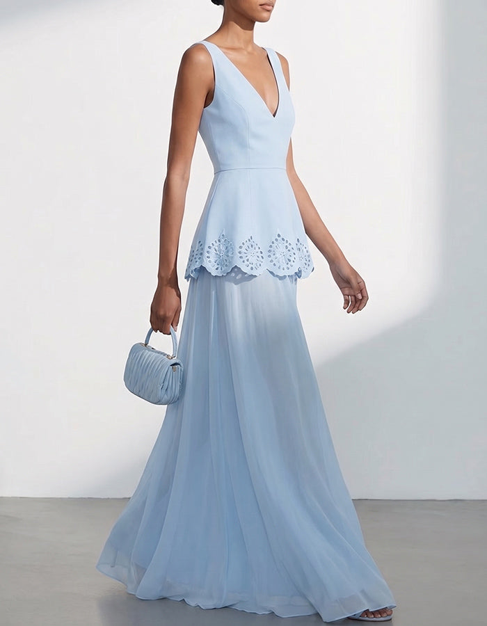 Sky Blue Sleeveless V-Neck Peplum Chiffon Maxi Dress