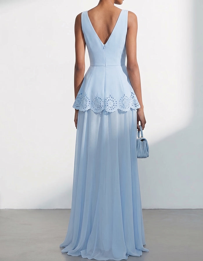 Sky Blue Sleeveless V-Neck Peplum Chiffon Maxi Dress